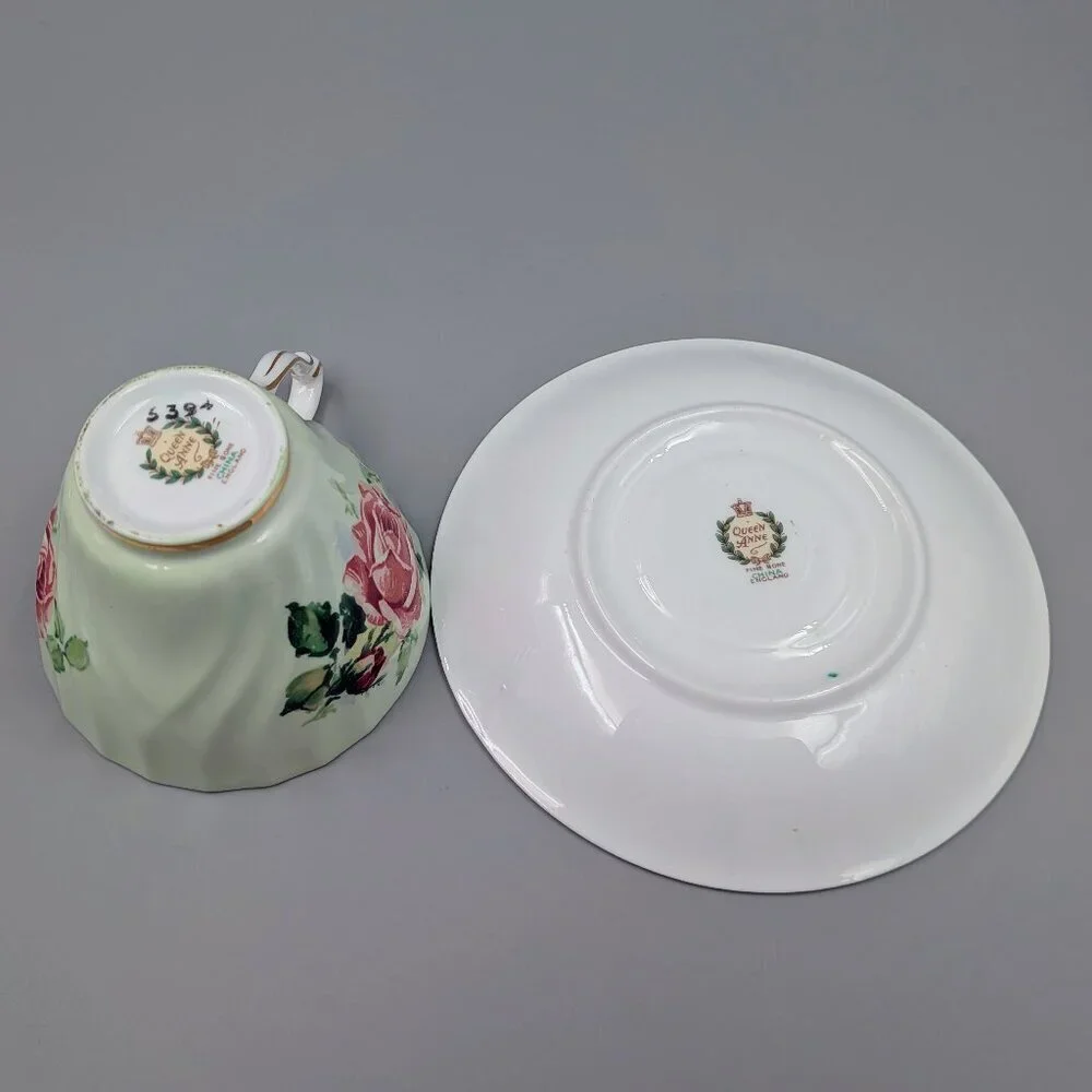 Vintage Queen Anne Bone China Tea Cup and Saucer Set - Mint Green with Pink Cabb